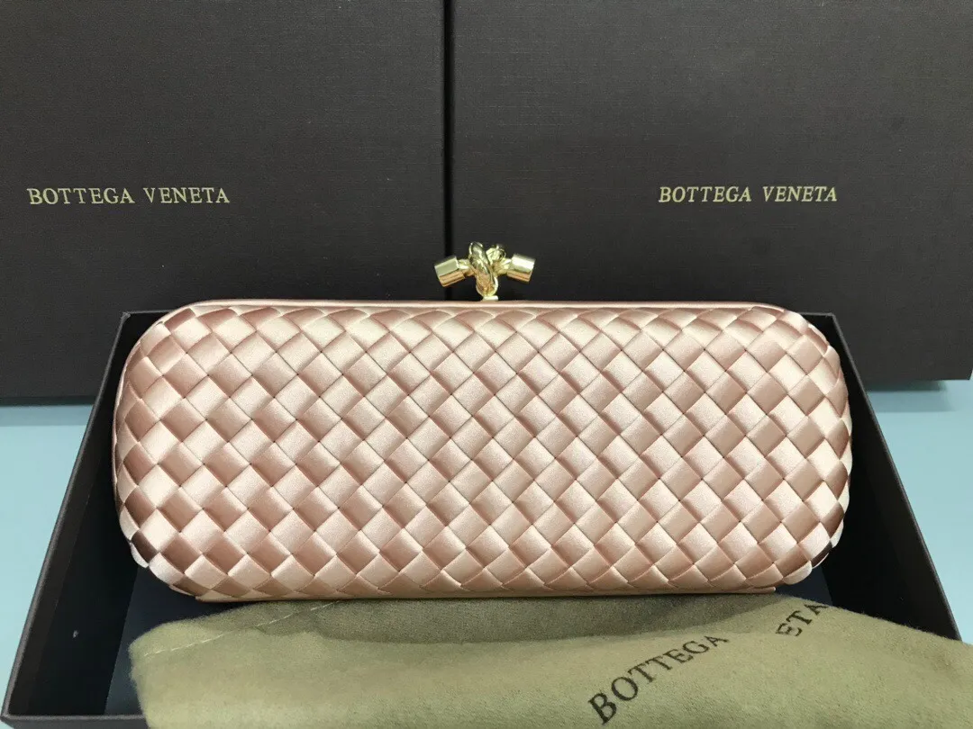 Style No. 8651, upgraded version of full silk evening bag inside and outside~~~INTRECCIATO woven IMPERO STRETCH KNOT clutch bag, hand-woven silk, smooth satin piping, Intrecciato engraved metal buckle, silk satin lining. Large size: 25cm*10cm*5cm